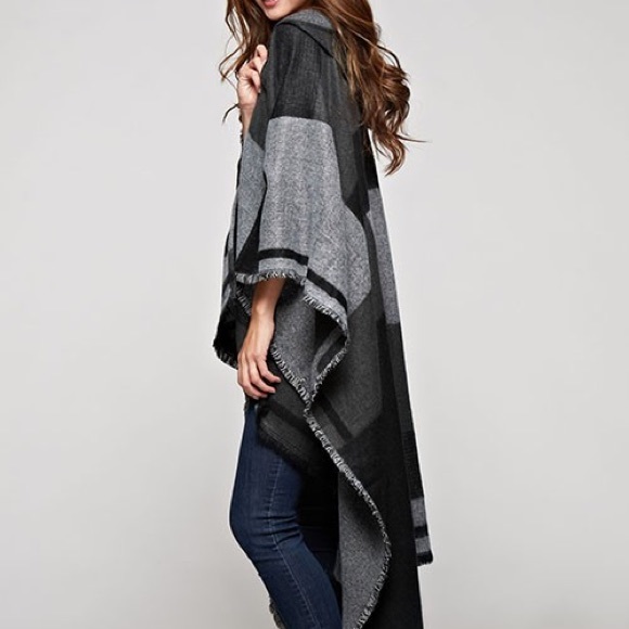 Black & Gray Plaid Scarf Fringe Hooded Poncho - Picture 3 of 5